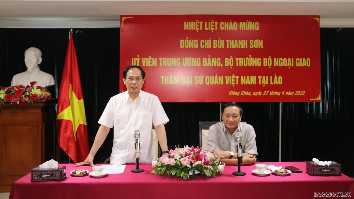 FM Bui Thanh Son visits Vietnamese Embassy in Vientiane